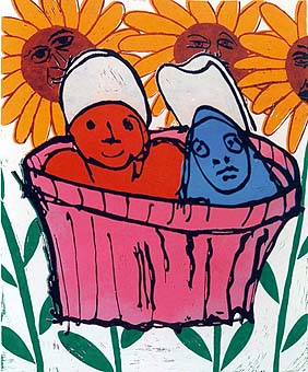Linosnede Onder de zon gevonden van Twan de Vos, kinderen in mandje tussen de zonnebloemen, gedrukt volgens de methode Picasso