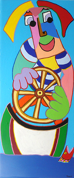 Painting acryl on canvas Rudder man by Twan de Vos, man is sailing the seven seas in a beautiful boat