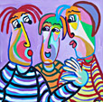 Schilderij Aan zijn lippen van Twan de Vos, man vertelt interessant verhaal aan zijn vrienden
