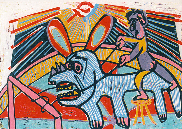 Linosnede Circus Appel van Twan de Vos volgens de methode Picasso, circusact met  dier circus muis linosnede