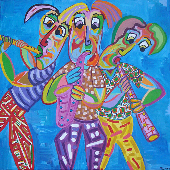 Gemälde Blazer der Twan de Vos, drei Musiker spielen zusammen in einem Trio, eine Band und spielen ein Blasinstrument