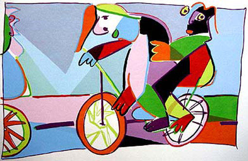 Siebdruck Duofahrrad von Twan de Vos, zwei Personen auf einem Fahrrad.