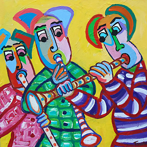 Schilderij Spelenderwijs 2 van Twan de Vos, 3 muzikanten spelen samen, ieder op zijn eigen blaasinstrument, muziek