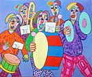Schilderij Fanfare van Twan de Vos, drums, grote trom, bekkens en blaasinstrumenten, een orkest trekt door de straten
