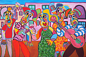 Schilderij Fiesta van Twan de Vos, acryl op linnen,feest op het dorpsplein, muziek maken en dansen, de flamengo, kunst