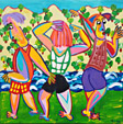Schilderij Fitness van Twan de Vos, drie mannen doen hun oefeningen op een weiland voor een rivier en bergen