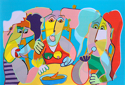 Siebdruck Die Kartoffelesser der Twan de Vos, Familie am Tisch isst die Mahlzeit, inspiriert auf die Kartoffelesser der Vincent van Gogh