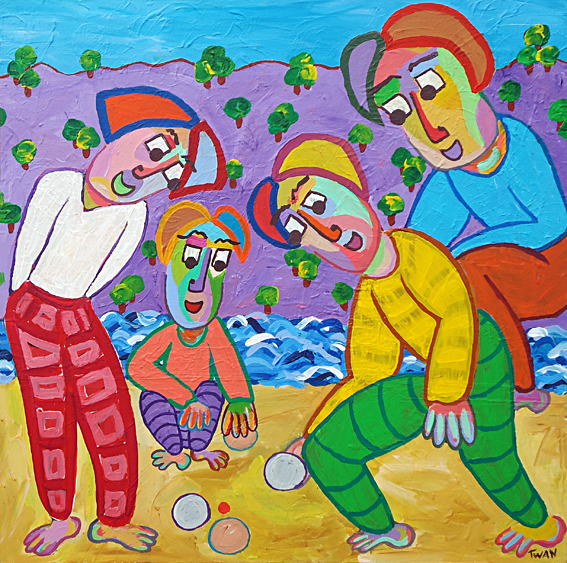 Schilderij Jeu de boules van Twan de Vos, 4 mannen spelen samen een spelletje Jeu de Boules op het strand