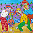 Gemälde Jeu de Boules der Twan de Vos, 4 Männer spielen ein Spiel Jeu de Boules zusammen am Strand