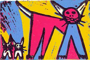 Linosnede De familie kat van Twan de Vos, gedrukt volgens de methode Picasso