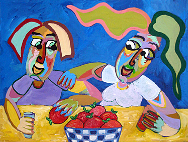 Schilderij Aan de keukentafel van Twan de Vos, schilderij van een gesprek tussen man en vrouw om de lopende zaken door te nemen