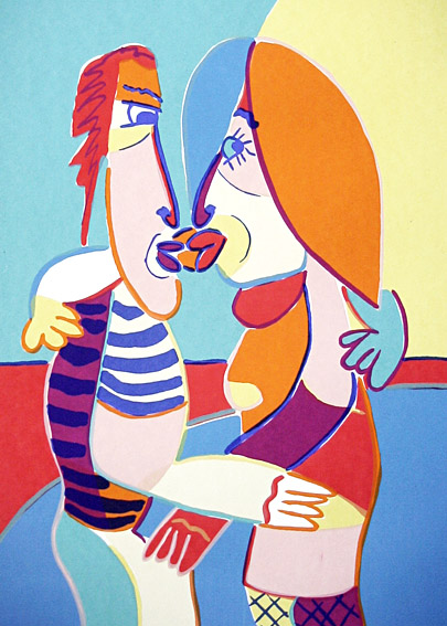Siebdruck Ein zweiter Kuss? der Twan de Vos, zwei Menschen küssen einander voll auf den Mund.