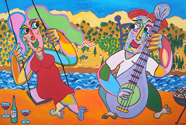 Painting Swing Serenade by Twan de Vos, in a beautiful Spanish countryside during the barbecue a wonderful serenad to the swinging lover, art