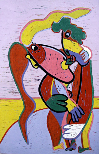 Linosnede Wapperende haren 2 van Twan de Vos, man en vrouw kussen elkaar, gedrukt volgens de methode Picasso