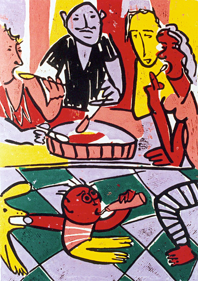 Linosnede Zomerlunch 2 door Twan de Vos, familie geniet van het mooie weer door buiten te picknicken, gemaakt door de methode Picasso Familie aan en onder tafel linosnede