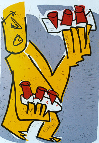 Linocut Happy Hour 3 by Twan de Vos, waiter is busy serving everyone during Happy Hour, it almost grows over his head