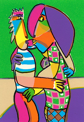 Zeefdruk Innige omhelzing van Twan de Vos,  man en vrouw geven elkaar een dikke kus