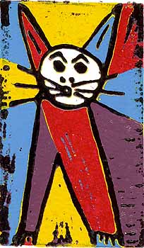 Linocut of a cat, image size 10 x 15 cm, 5 colors, cubism, proud father of a number of small kittens