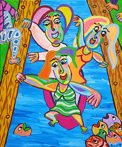 Schilderij Women pride van Twan de Vos, 3 vrouwen in een boot varen door de grachten van Amsterdam, naar het voorbeeld van de Gay pride