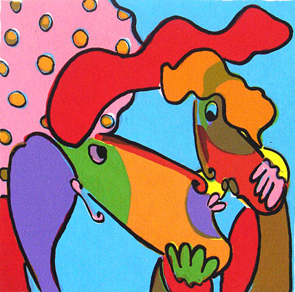 Zeefdruk paradijselijke kus 4, van Twan de Vo,k man en vrouw die elkaar kussen onder een appelboom.