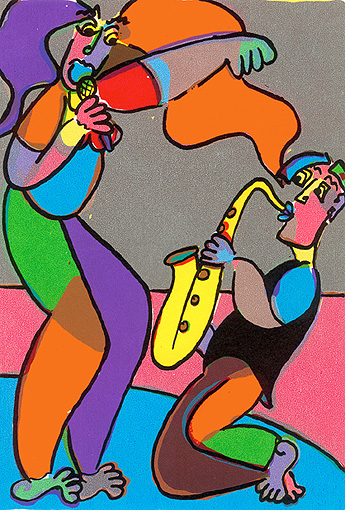 Zeefdruk Samenspel van Twan de Vos, man en vrouw die samen musiceren en daar volledig in opgaan zij zingt en hij speelt saxofoon