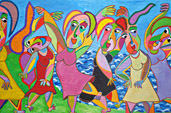 Schilderij Ladies night van Twan de Vos, zes dames dansen op het strand, vermaken zich uitstekend