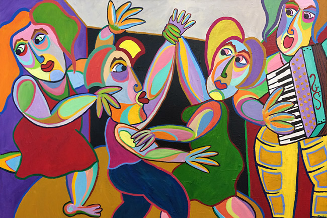Gemälde Fiesta von Twan de Vos, Feiern auf dem Dorfplatz, Musik, Tanz und Gesang