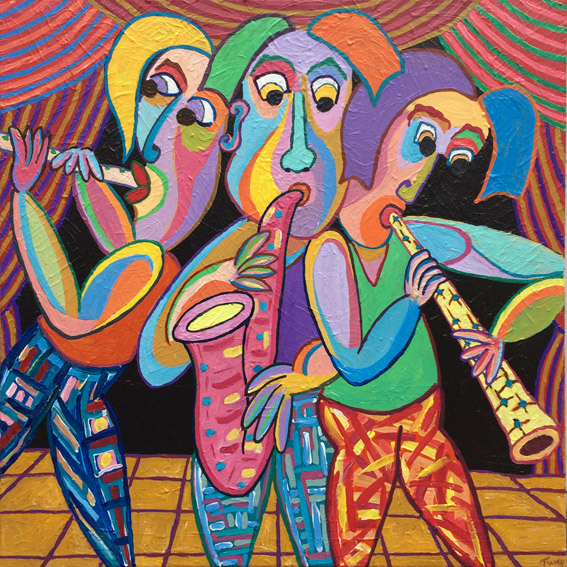 Painting Open stage by Twan de Vos, 3 musicians, brass players