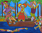 Schilderij Prachtige zomeravond van Twan de Vos, de hele familie is er op een zwoele zomeravond met de boot op uit gegaan, zwemmen, spelen, vissen