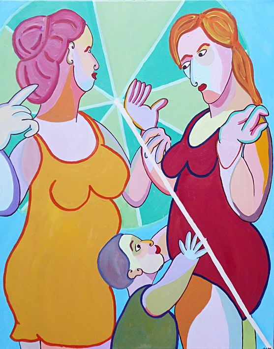 Gemälde Sommer Passion von Twan de Vos, lebhaftes Gespräch zwischen Mutter, Freundin und Kind am Strand