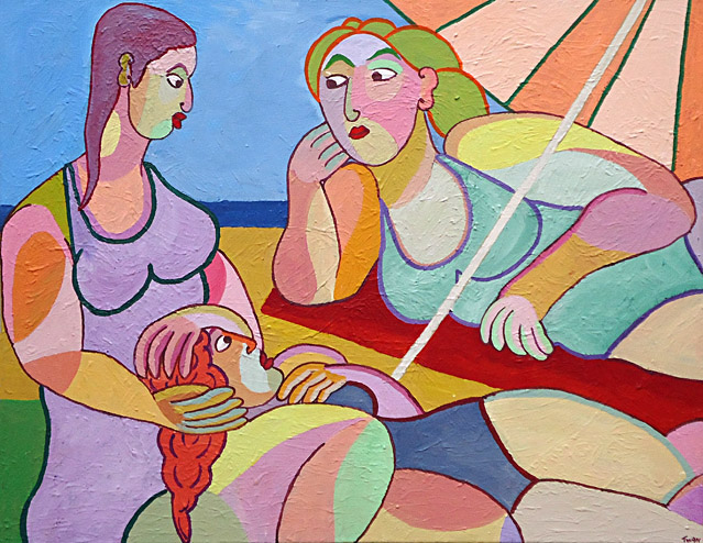 Painting Summer Day by Twan de Vos, 3 women on a beautiful summer day at the beach