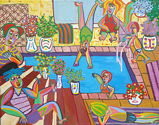 Gemälde Sommer Gefühl von Twan de Vos, die Atmosphäre eines Pools im Garten einer spanischen Wohnung, wo wir unseren Urlaub verbracht haben