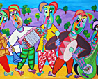 Schilderij Beach Boys van Twan de Vos, 5 muzikante spelen met veel plezier muziek, fluit, accordeon, grote trom en contrabas