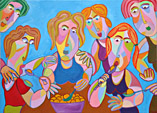 Schilderij De aardappeleters van Twan de Vos, familie eet gezamelijk een maaltijd, vrij naar Vincent van Gogh