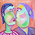 Schilderij De kus van Twan de Vos, man draait zich om en geeft een onverwachtse kus