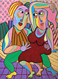 Schilderij "Loungegesprek" van Twan de Vos, onstpannen gesprek tussen de kussens 