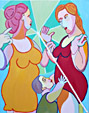 Painting Summer passion Twan de Vos, animated conversation between mother, girlfriend and child on the beach