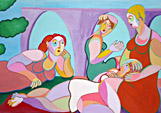 Painting Women under each other by Twan de Vos, 4 women talking in nature