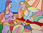Schilderij Zomerdag van Twan de Vos, 3 vrouwen op een prachtige zomerdag op het strand