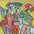 Schilderij Spelenderwijs van Twan de Vos, drie kleurrijke muzikanten maken muziek, dwarsfluit, saxofoon en klarinet