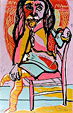 Lino-cut the chair by Twan de Vos, man poses for a portrait on a chair, made by the method Picasso 