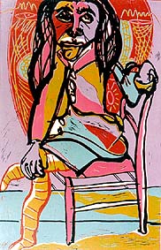 Linosnede De stoel van Twan de Vos, man poseert voor een portret op een stoel, gemaakt volgens de methode Picasso Man op stoel linosnede