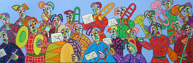 Schilderij Straatmuzikanten van Twan de Vos, fanfare, drumband, harmonie,, samen muziek maken, saxofoon, grote trom, drums, dwarsfluit, trombone en nog veel meer