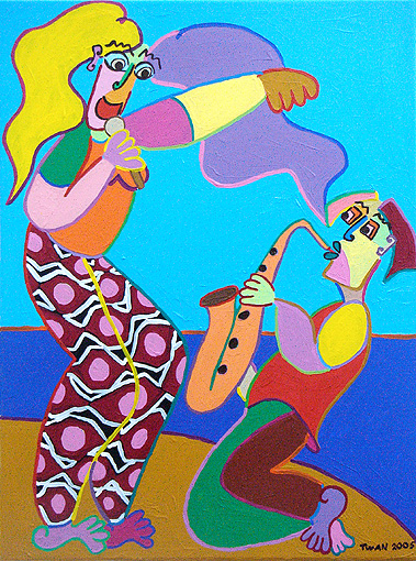 Painting Beach Duet by Twan de Vos, man sings, woman playing trumpet, a duet together at the beach