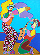 schilderij kunst relatiegeschenk muziek liefde aubade serenade verleiding saxofoon Schilderij Strandduet, man zingt, vrouw speelt trompet, samen een duet op het strand
