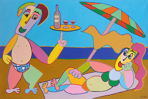 Gemälde Sommerliebe von Twan de Vos, im Urlaub am Strand wird eine Flasche Wein als Anmache verwendet