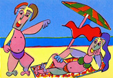 zeefdruk kunst relatiegeschenk strand zee vakantie verleiding liefde relatie zon zee strand vakantie parasol man vrouw
