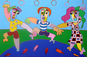 Twan de Vos schilderij acryl op linnen 100 x 150 cm die mensen op een survival over een soort vijver met vissen hangend aan ringen, de middelste heeft de ringen losgelaten en wordt opgevangen door de andere twee zodat hij geen vissenvoer wordt