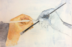 Tekening, schilderij handen met potlood en penseel op cursus in Wageningen