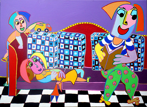 Gemälde Hausbank , Papa und die Kinder auf dem Sofa, Vater Lesen, die Kinder hören und spielen